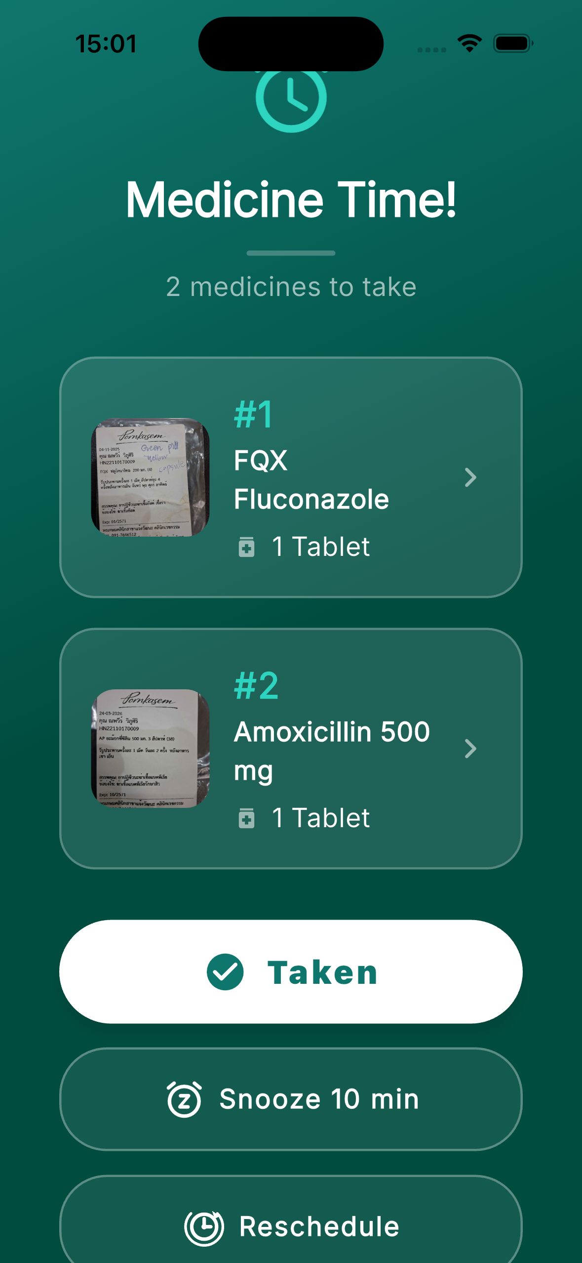 Medicine time alarm screen